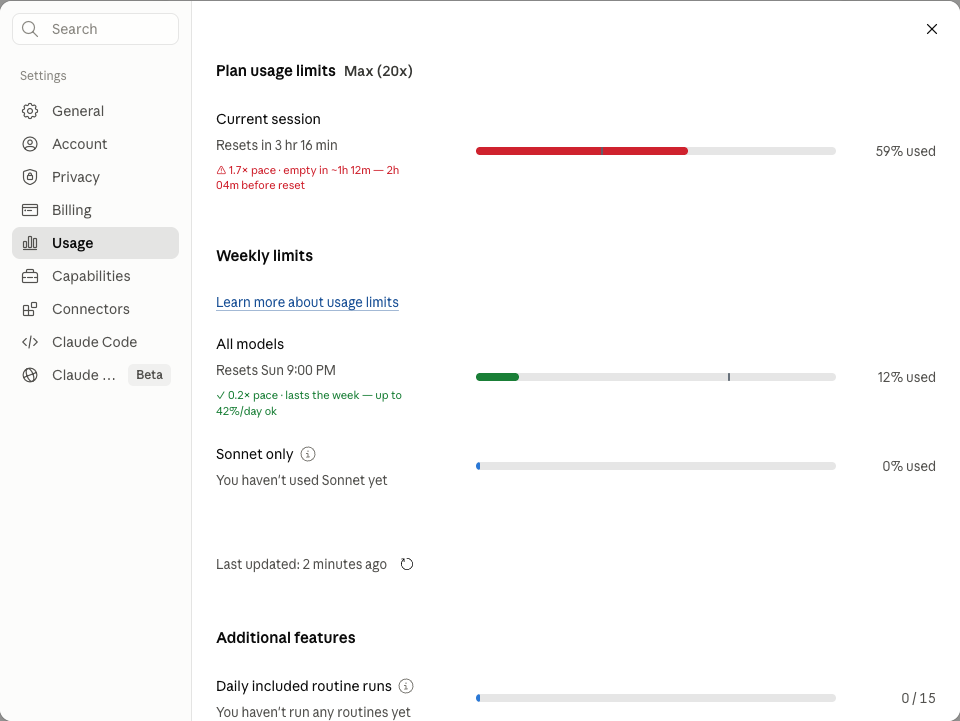 claude.ai usage panel annotated by the extension: the session bar is recolored red with the caption '1.7× pace — empty 2h 03m before reset'; the weekly bar stays green.